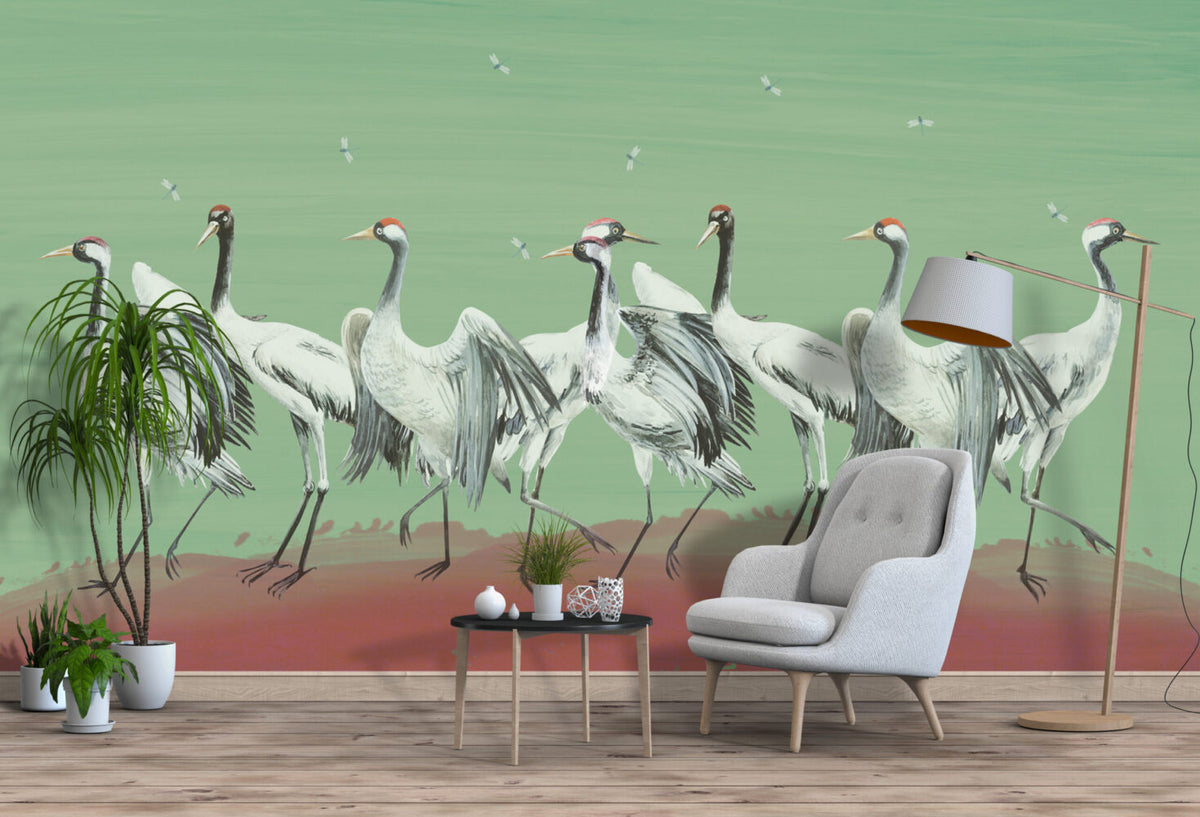 Green Crane Wallpaper : Painted Red-Crowned Cranes Mural - View 3