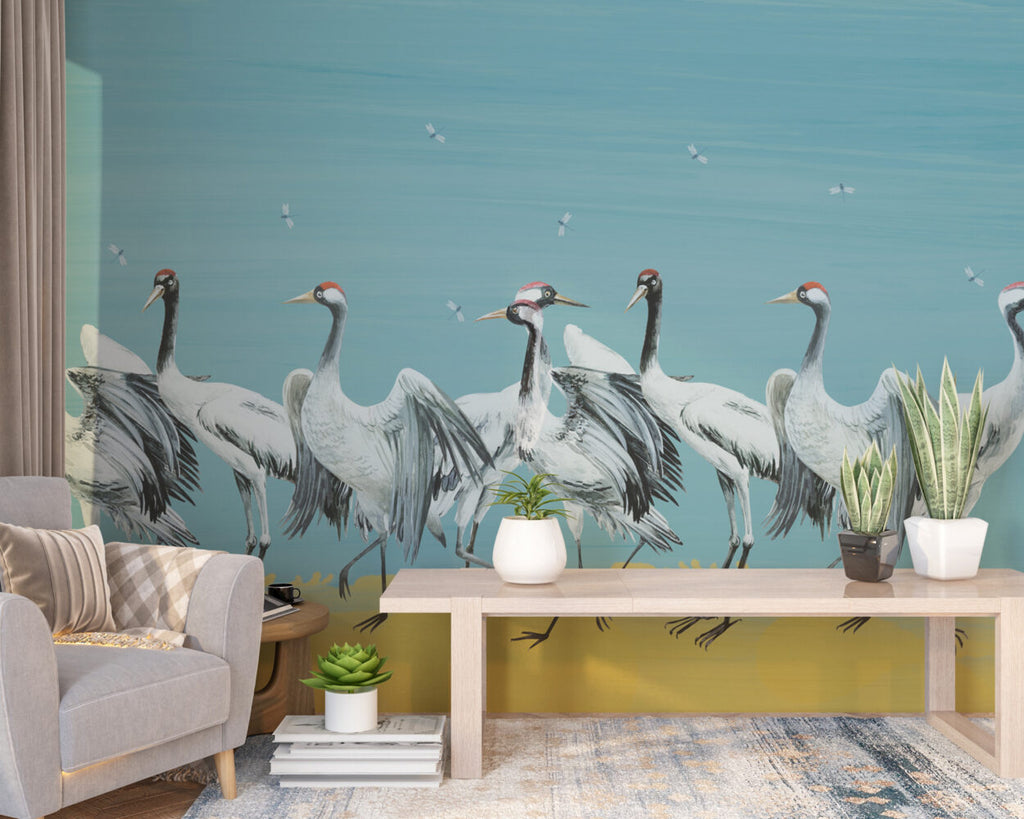 Blue Crane Wallpaper : Painted Red-Crowned Cranes Mural - View 5