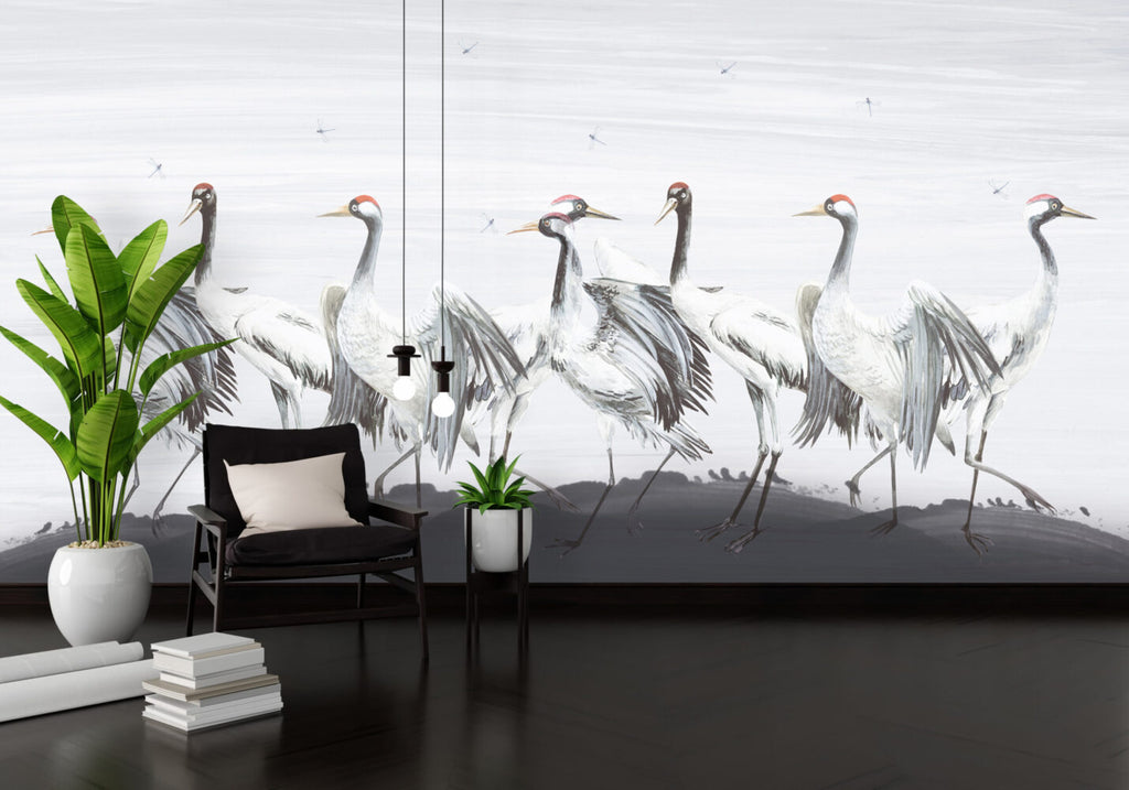 White Crane Wallpaper : Painted Red-Crowned Cranes Mural - View 3