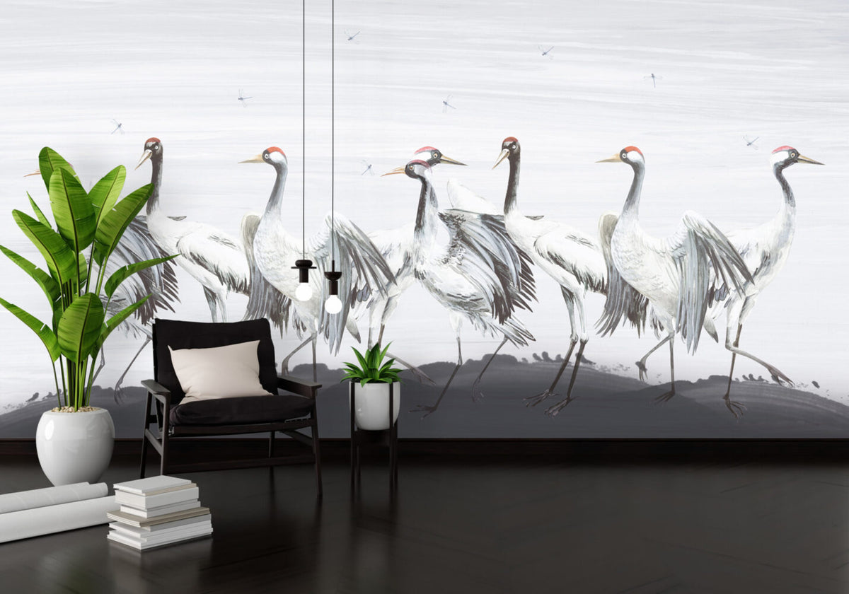 White Crane Wallpaper : Painted Red-Crowned Cranes Mural - View 3