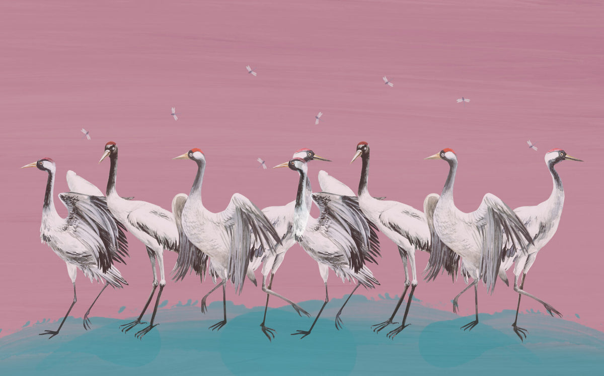 Pink Crane Wallpaper : Painted Red-Crowned Cranes Mural - View 2