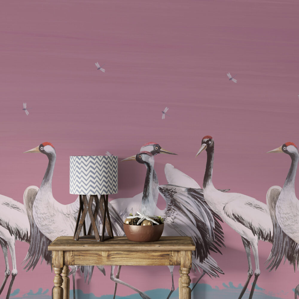Pink Crane Wallpaper : Painted Red-Crowned Cranes Mural - View 3