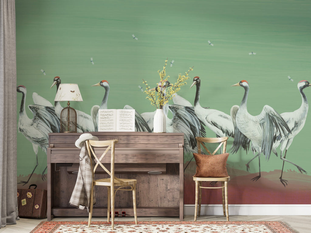 Green Crane Wallpaper : Painted Red-Crowned Cranes Mural - View 4