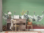 Green Crane Wallpaper : Painted Red-Crowned Cranes Mural - View 4
