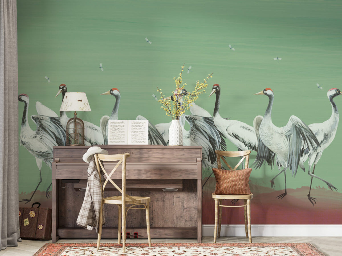 Green Crane Wallpaper : Painted Red-Crowned Cranes Mural - View 4