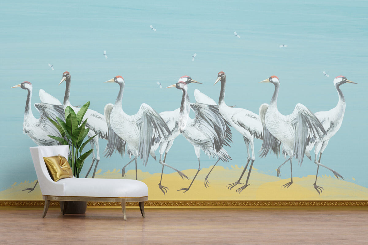 Blue Crane Wallpaper : Painted Red-Crowned Cranes Mural - View 6