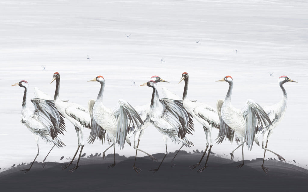 White Crane Wallpaper : Painted Red-Crowned Cranes Mural - View 2