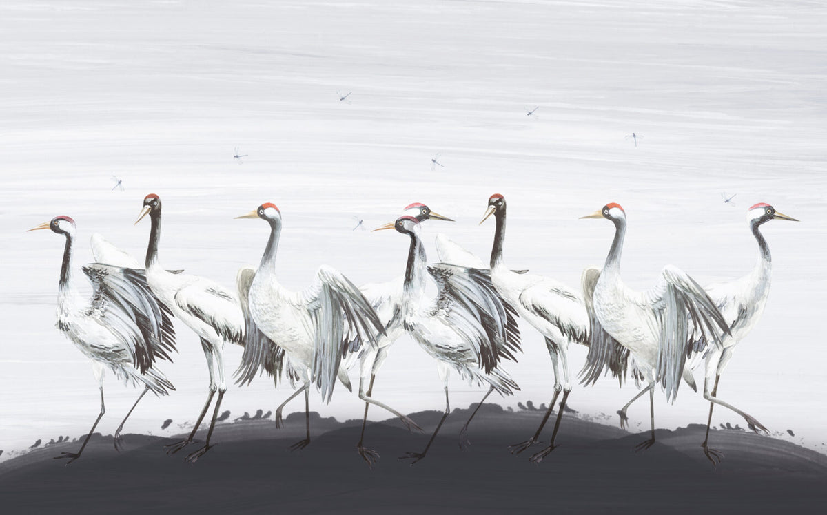 White Crane Wallpaper : Painted Red-Crowned Cranes Mural - View 2