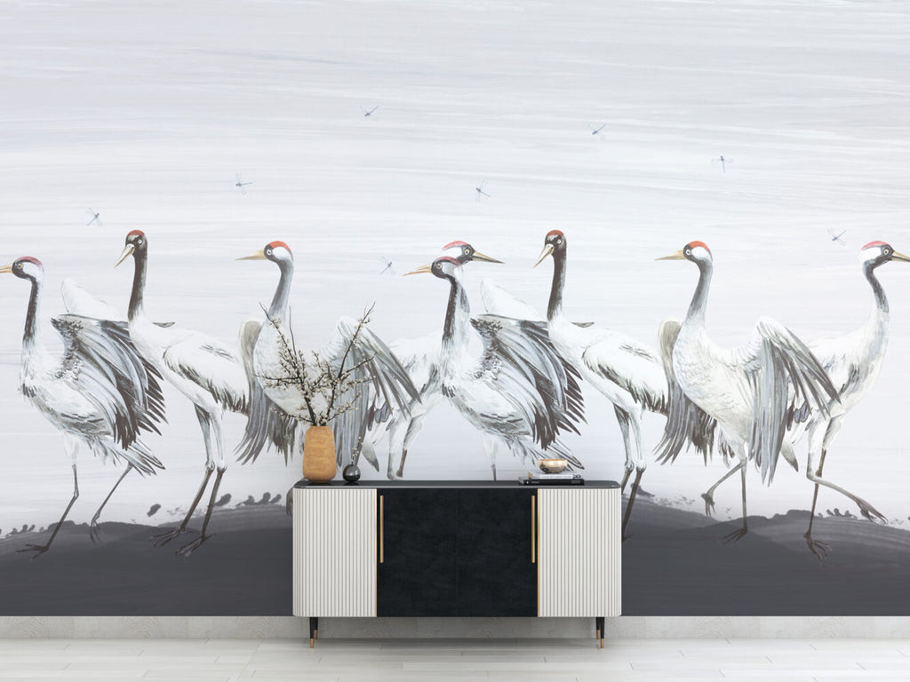 White Crane Wallpaper : Painted Red-Crowned Cranes Mural