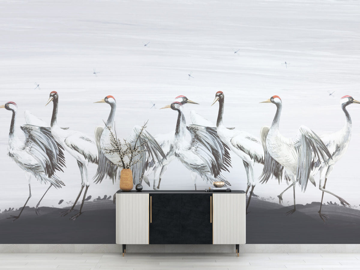 White Crane Wallpaper : Painted Red-Crowned Cranes Mural