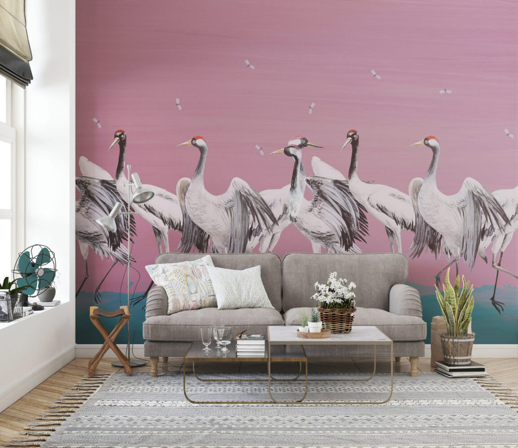 Pink Crane Wallpaper : Painted Red-Crowned Cranes Mural - View 4