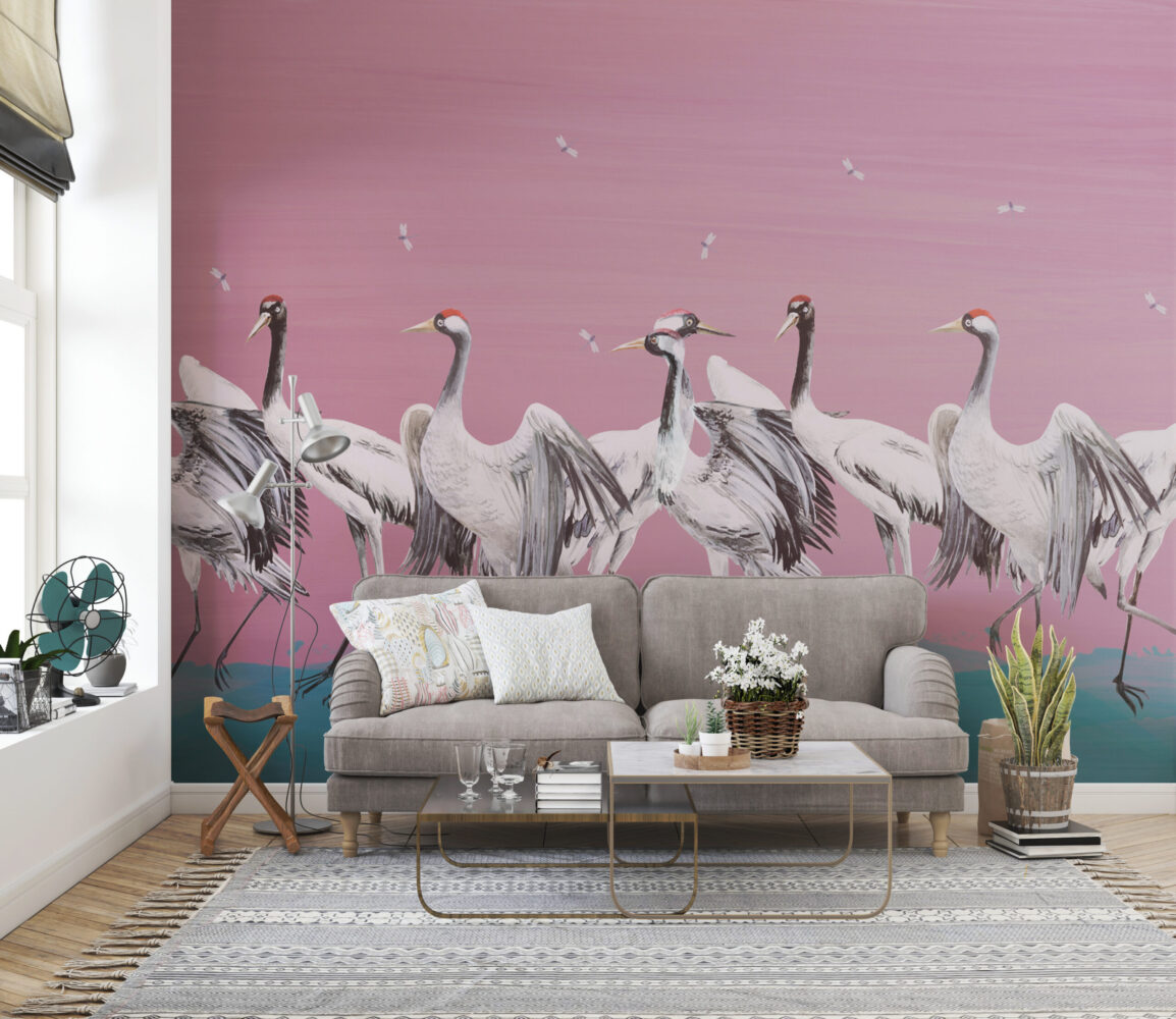 Pink Crane Wallpaper : Painted Red-Crowned Cranes Mural - View 4