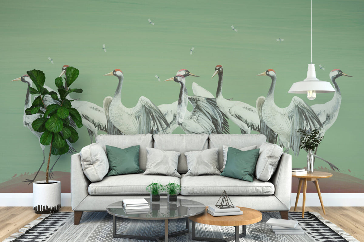 Green Crane Wallpaper : Painted Red-Crowned Cranes Mural - View 5