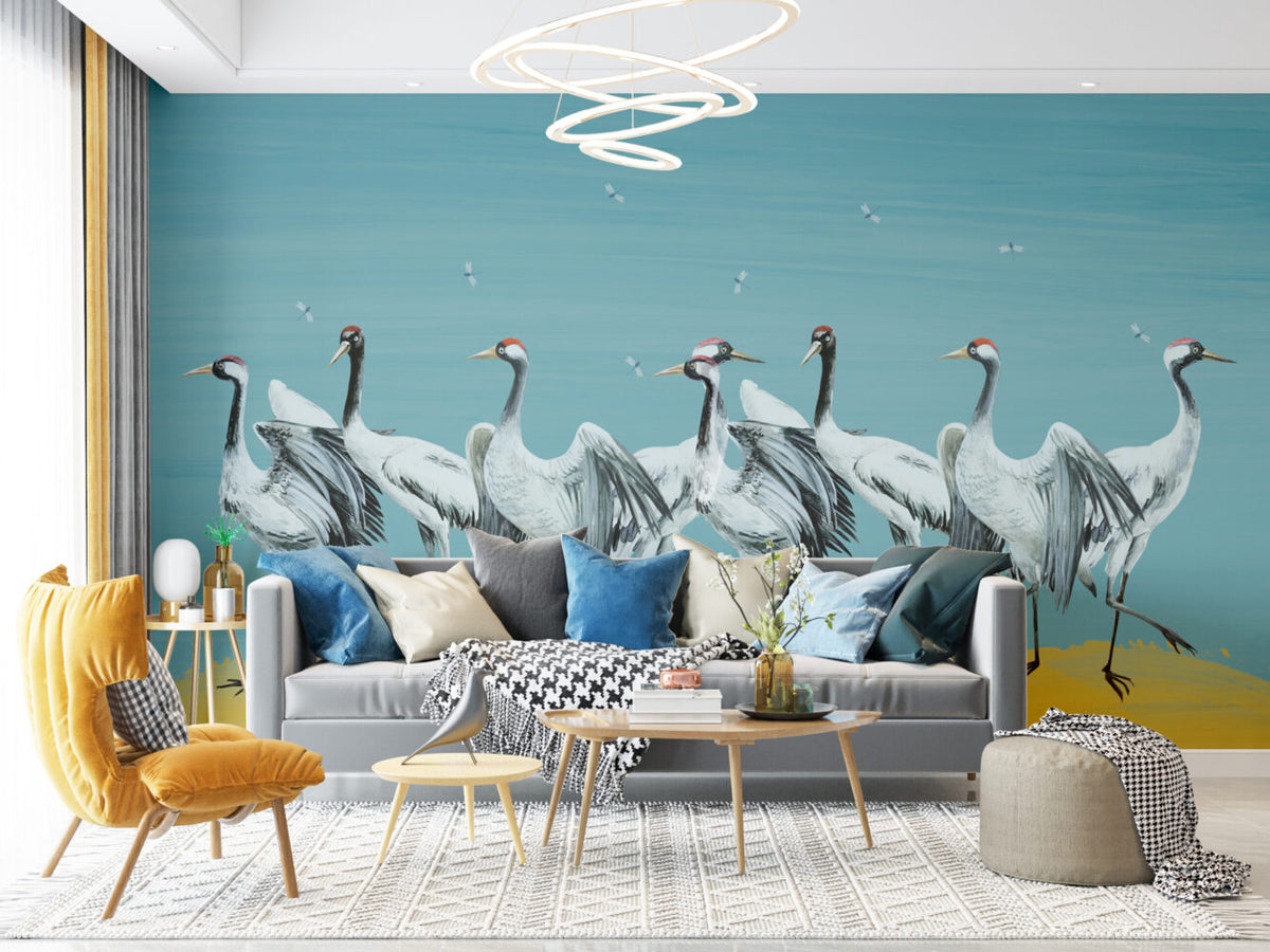 Blue Crane Wallpaper : Painted Red-Crowned Cranes Mural