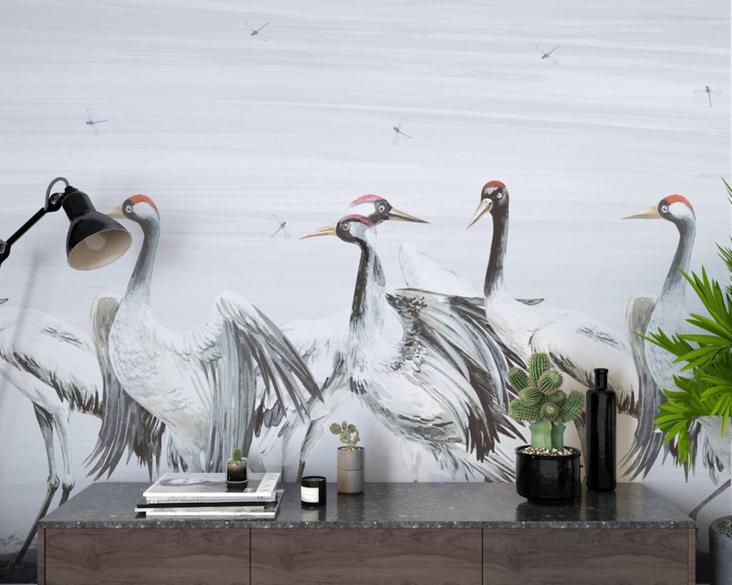 White Crane Wallpaper : Painted Red-Crowned Cranes Mural - View 4