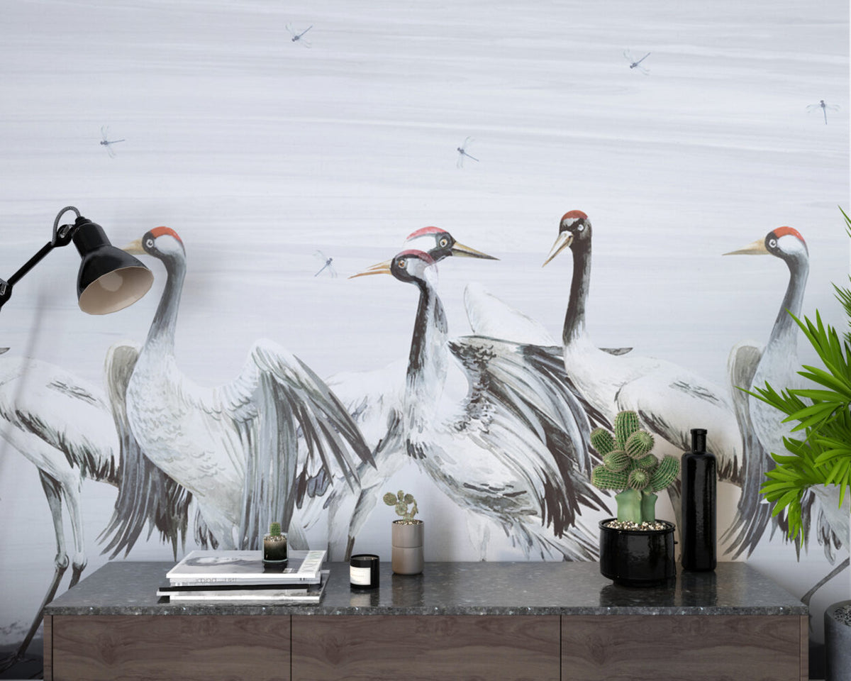 White Crane Wallpaper : Painted Red-Crowned Cranes Mural - View 4