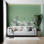 Green Crane Wallpaper : Painted Red-Crowned Cranes Mural - View 6