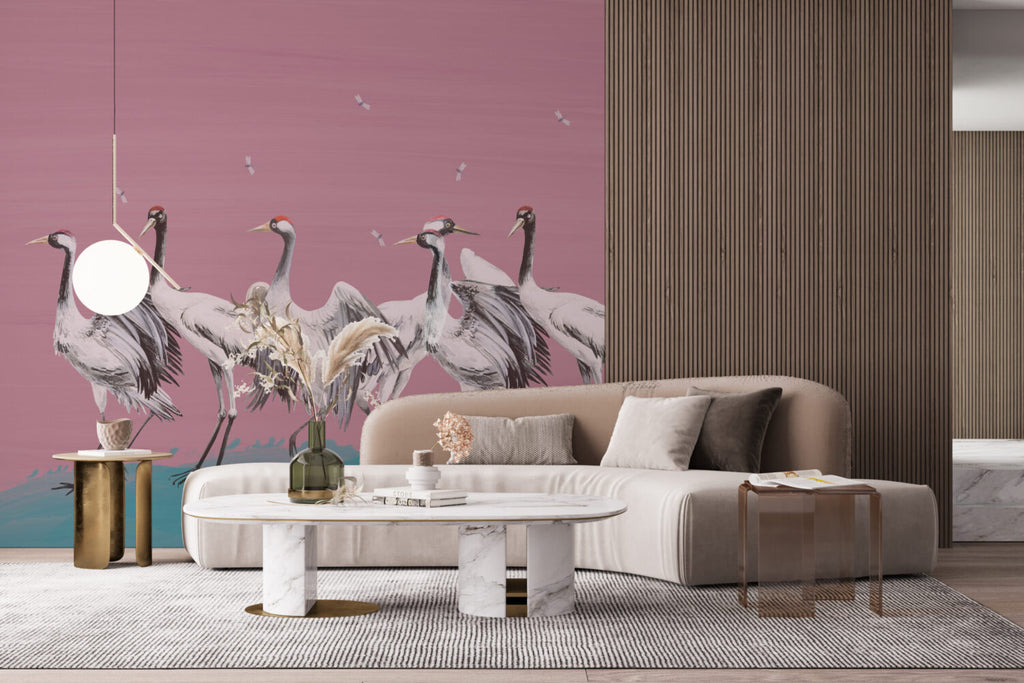 Pink Crane Wallpaper : Painted Red-Crowned Cranes Mural - View 5