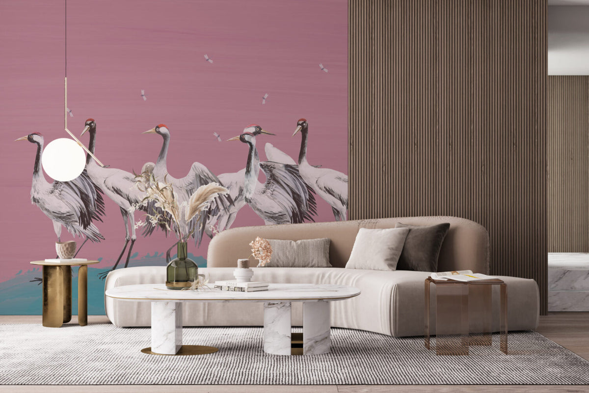 Pink Crane Wallpaper : Painted Red-Crowned Cranes Mural - View 5