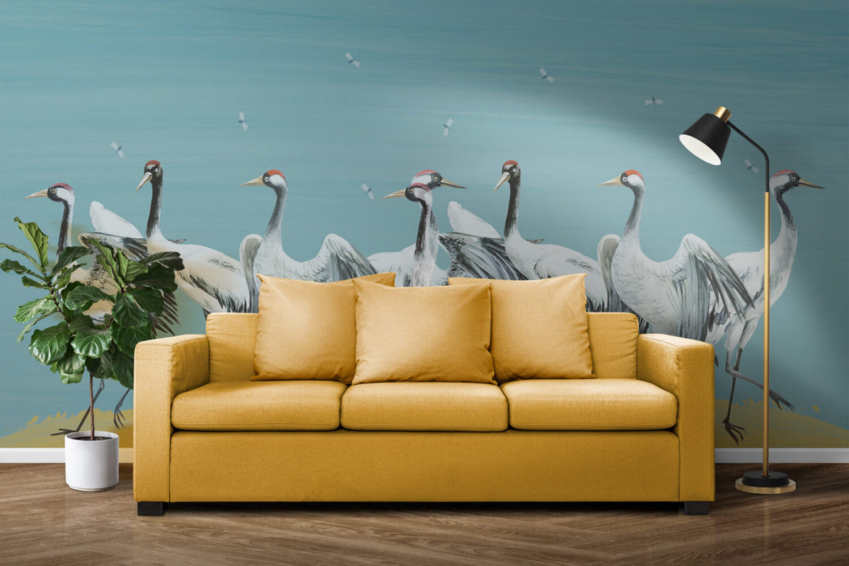 Blue Crane Wallpaper : Painted Red-Crowned Cranes Mural - View 3