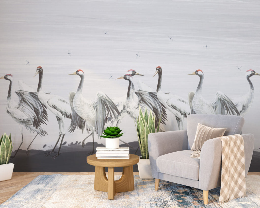 White Crane Wallpaper : Painted Red-Crowned Cranes Mural - View 5