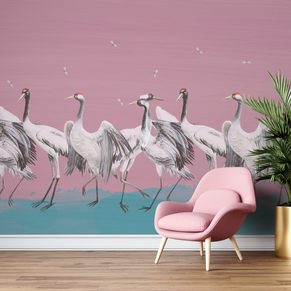 Pink Crane Wallpaper : Painted Red-Crowned Cranes Mural