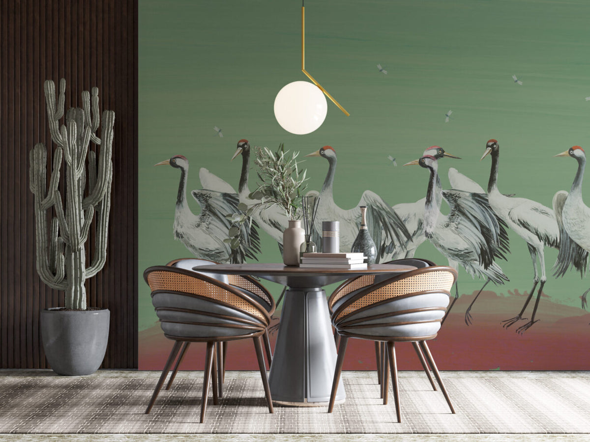 Green Crane Wallpaper : Painted Red-Crowned Cranes Mural