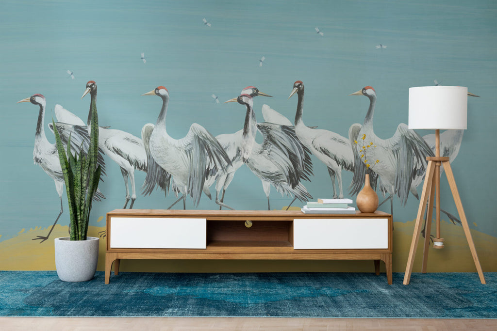 Blue Crane Wallpaper : Painted Red-Crowned Cranes Mural - View 4