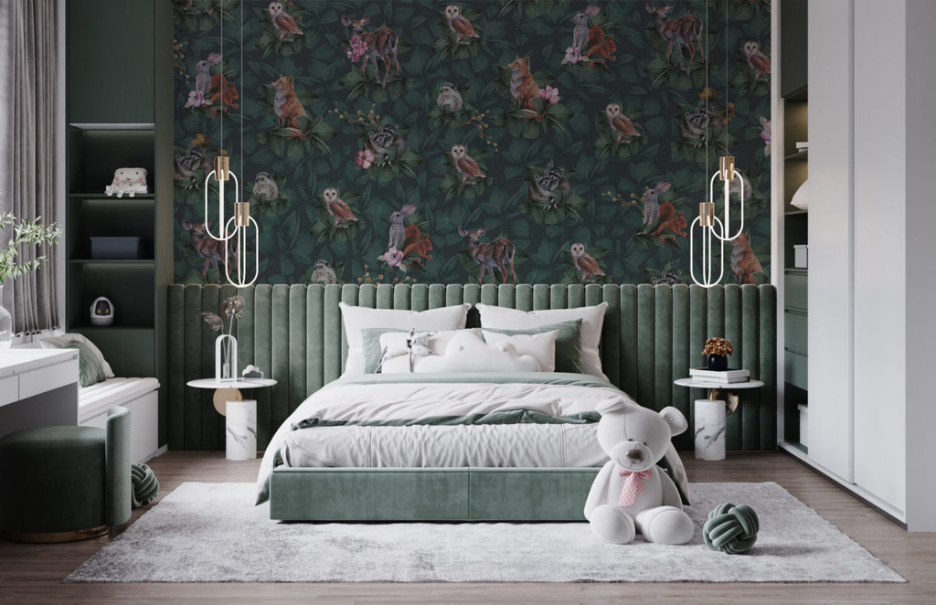 Dark Jungle Owl Wallpaper : Forest Animals Leaf Mural - View 5
