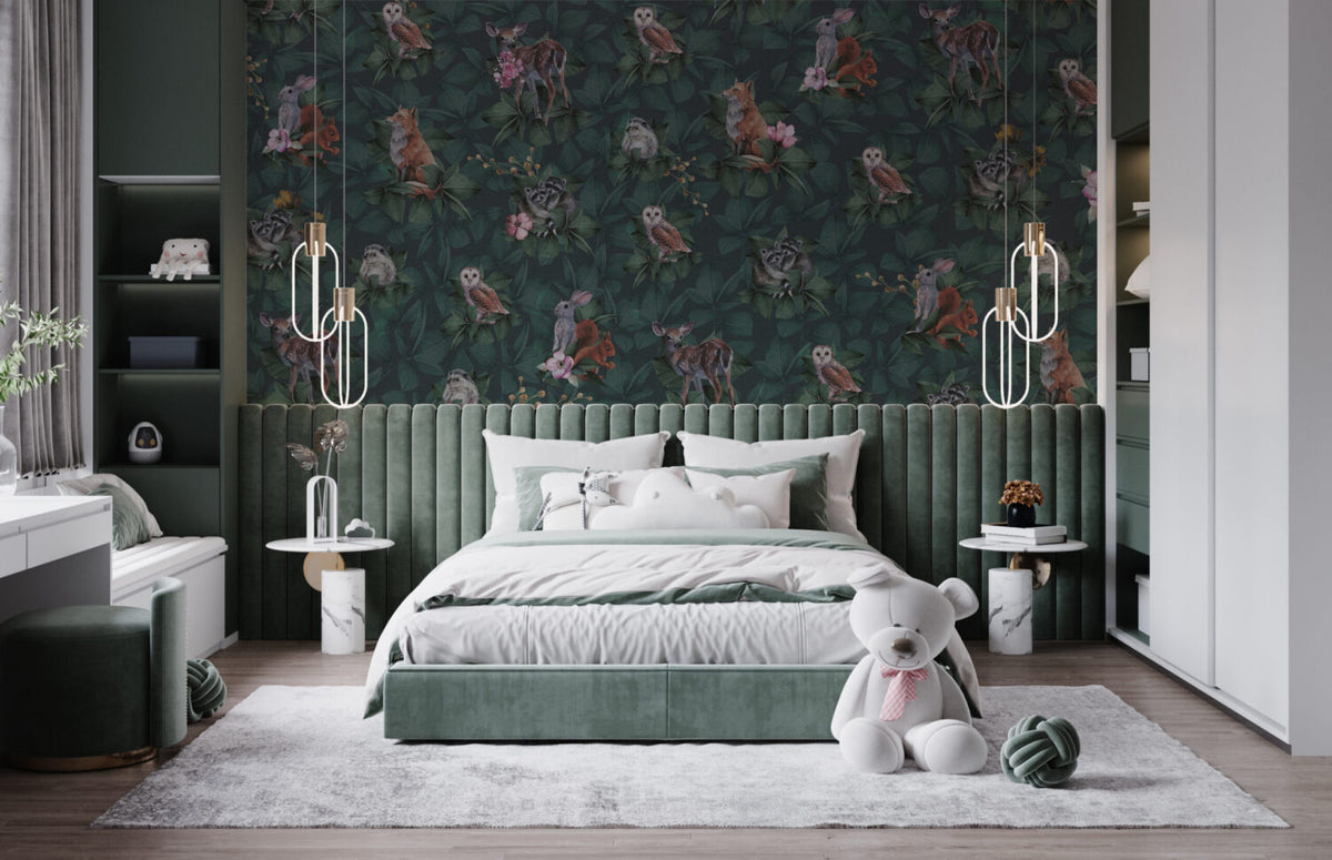 Dark Jungle Owl Wallpaper : Forest Animals Leaf Mural - View 5