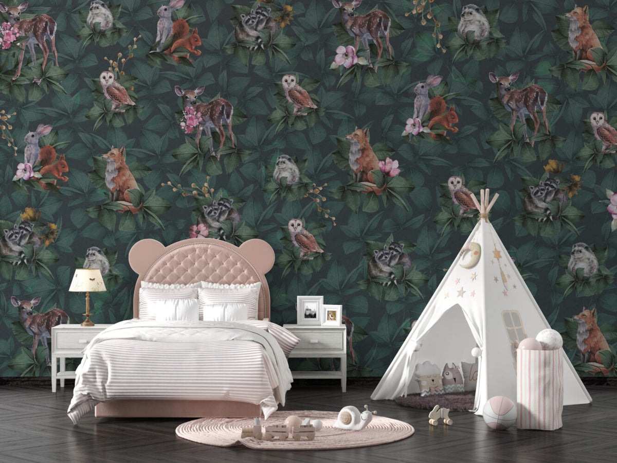 Dark Jungle Owl Wallpaper : Forest Animals Leaf Mural - View 6