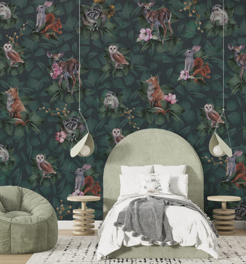 Dark Jungle Owl Wallpaper : Forest Animals Leaf Mural - View 3