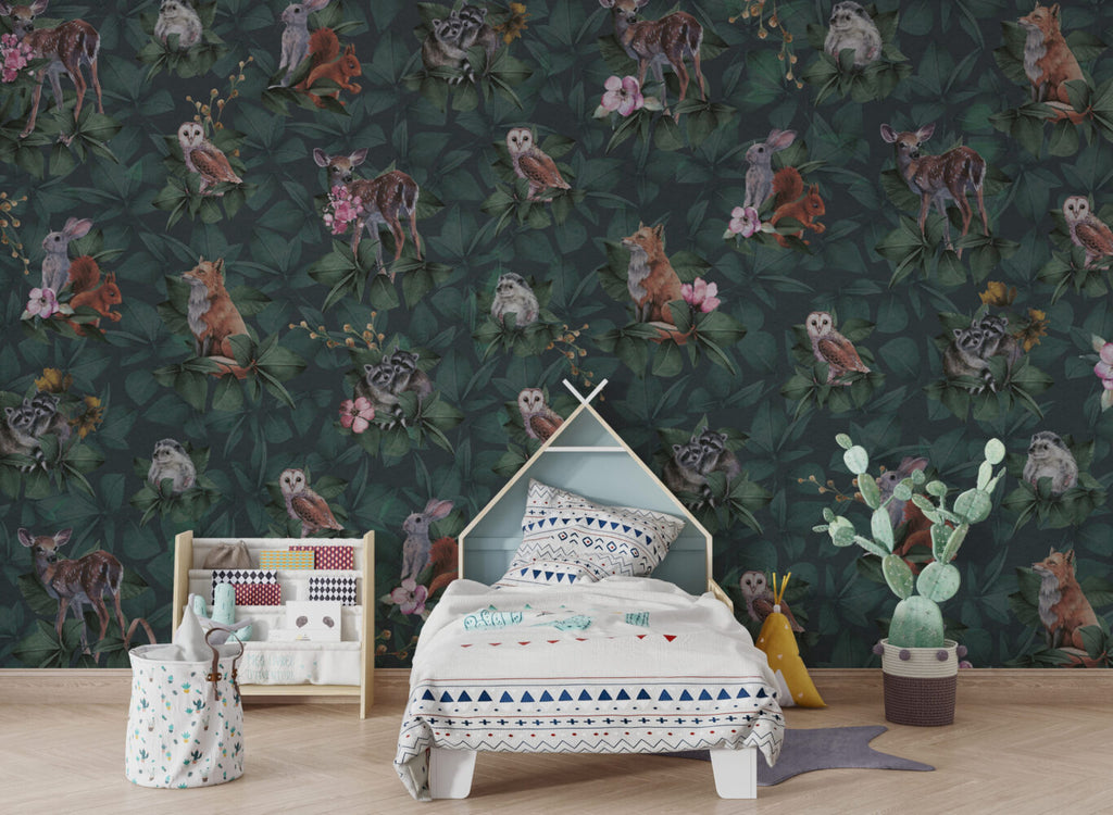 Dark Jungle Owl Wallpaper : Forest Animals Leaf Mural - View 4