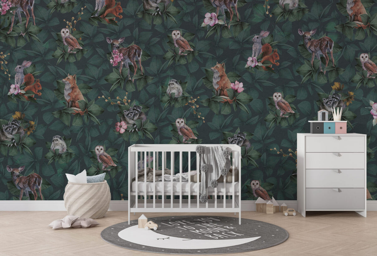 Dark Jungle Owl Wallpaper : Forest Animals Leaf Mural