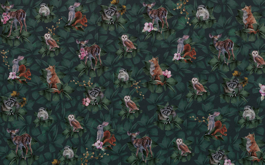 Dark Jungle Owl Wallpaper : Forest Animals Leaf Mural - View 2