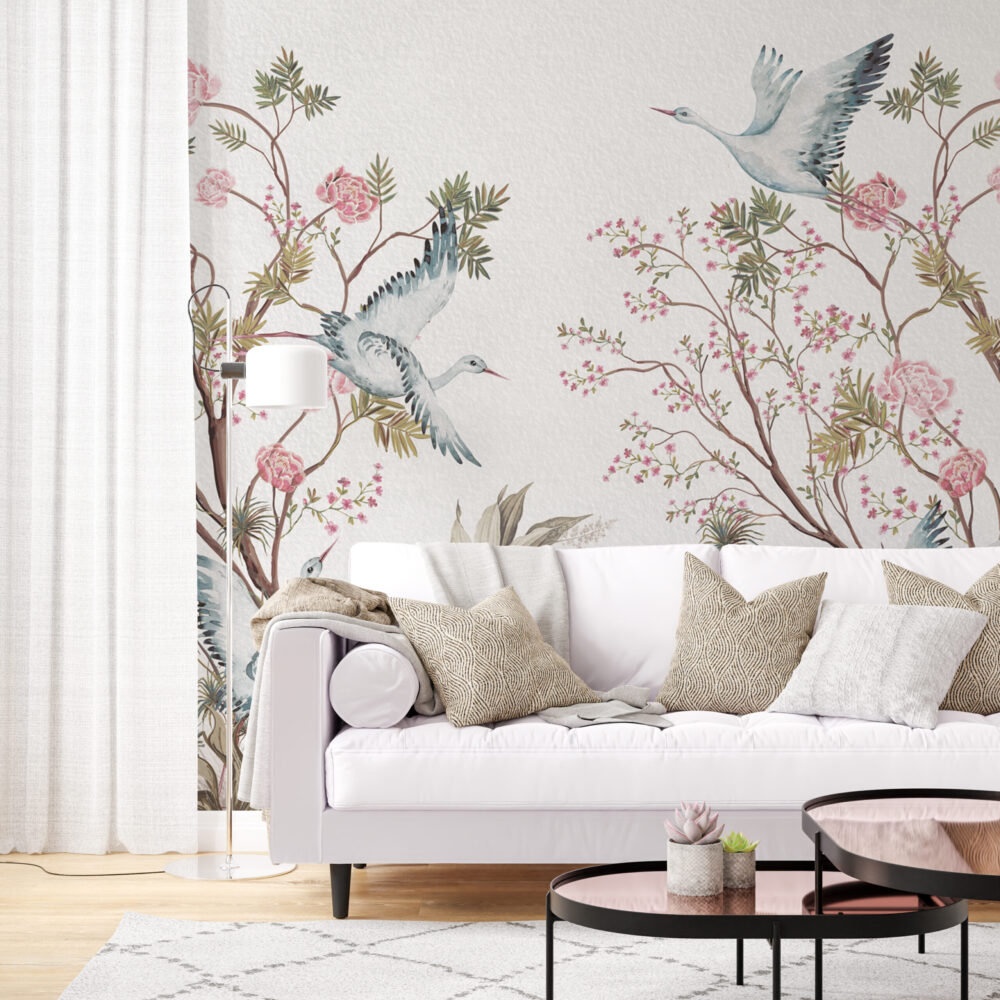 Heron Cherry Blossom Wallpaper : Pink Chinoiserie Bird Mural - View 6