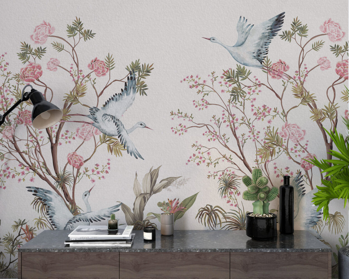 Heron Cherry Blossom Wallpaper : Pink Chinoiserie Bird Mural - View 4
