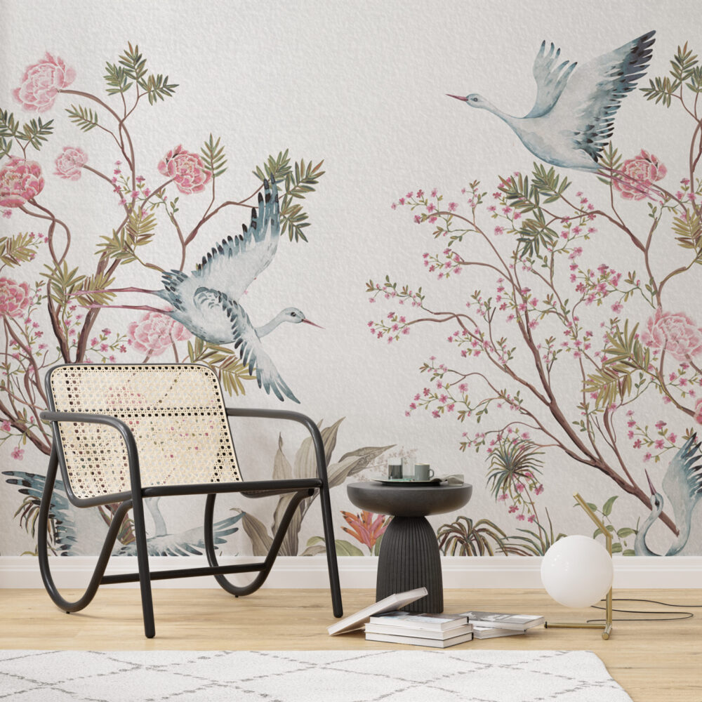 Heron Cherry Blossom Wallpaper : Pink Chinoiserie Bird Mural