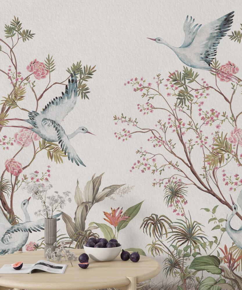 Heron Cherry Blossom Wallpaper : Pink Chinoiserie Bird Mural - View 5