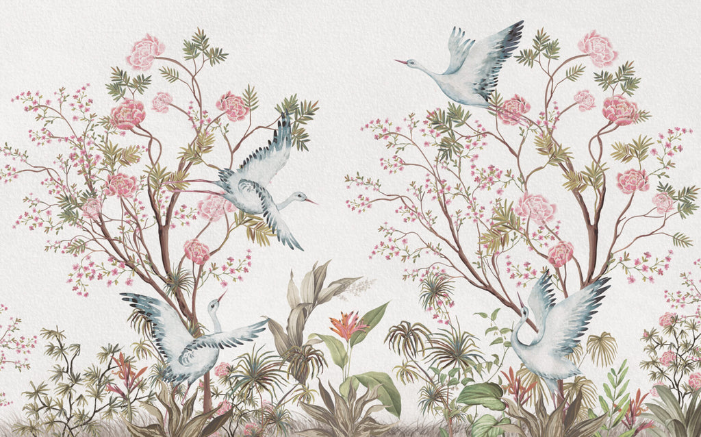 Heron Cherry Blossom Wallpaper : Pink Chinoiserie Bird Mural - View 2