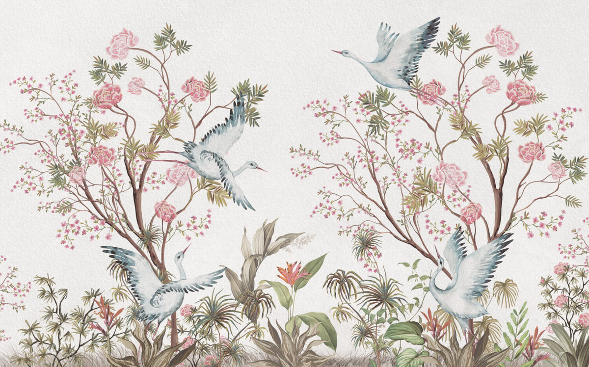 Heron Cherry Blossom Wallpaper : Pink Chinoiserie Bird Mural - View 2