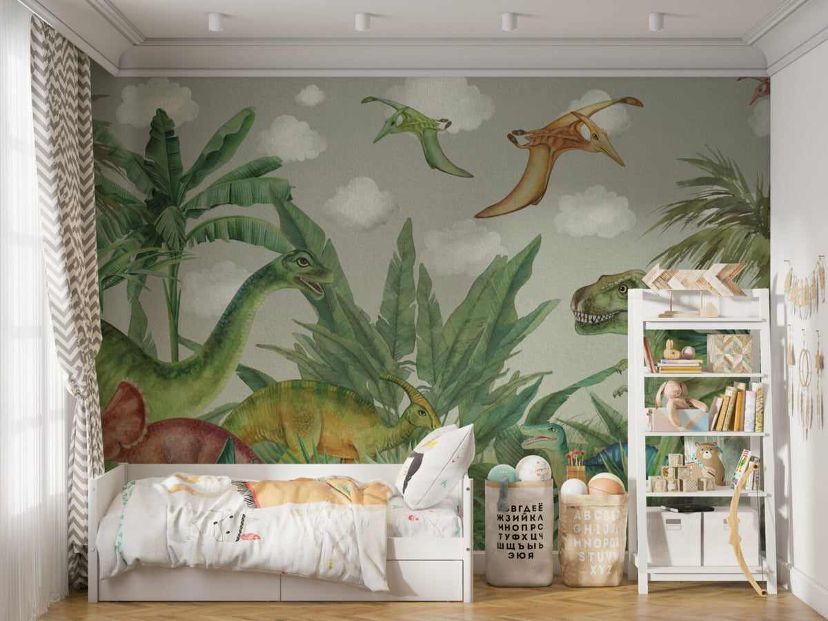 Dinosaur Jungle Wallpaper : Watercolour Prehistoric Forest Mural - View 6