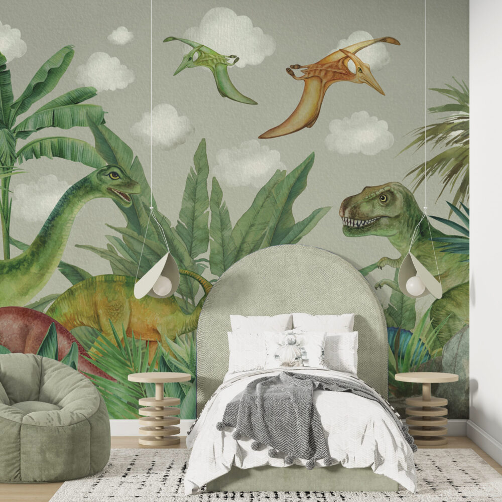 Dinosaur Jungle Wallpaper : Watercolour Prehistoric Forest Mural