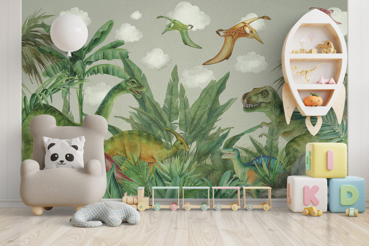 Dinosaur Jungle Wallpaper : Watercolour Prehistoric Forest Mural - View 3