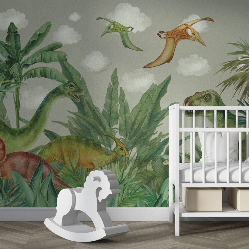 Dinosaur Jungle Wallpaper : Watercolour Prehistoric Forest Mural - View 4