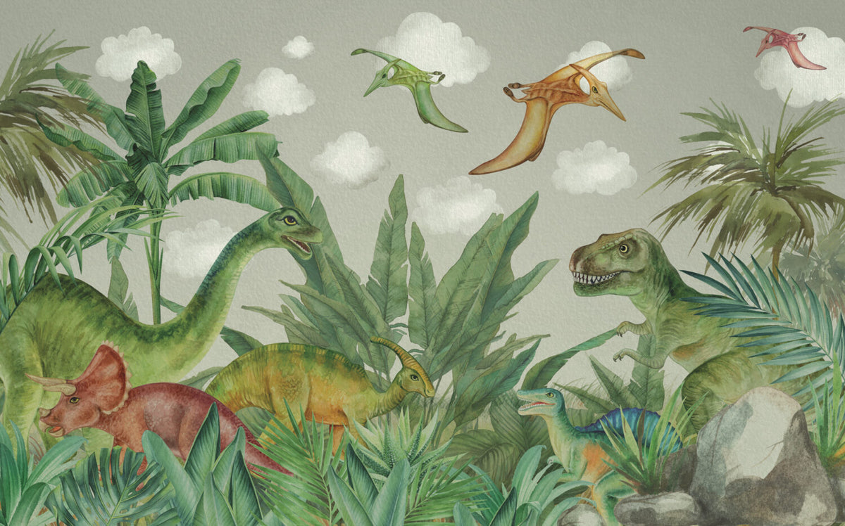 Dinosaur Jungle Wallpaper : Watercolour Prehistoric Forest Mural - View 2