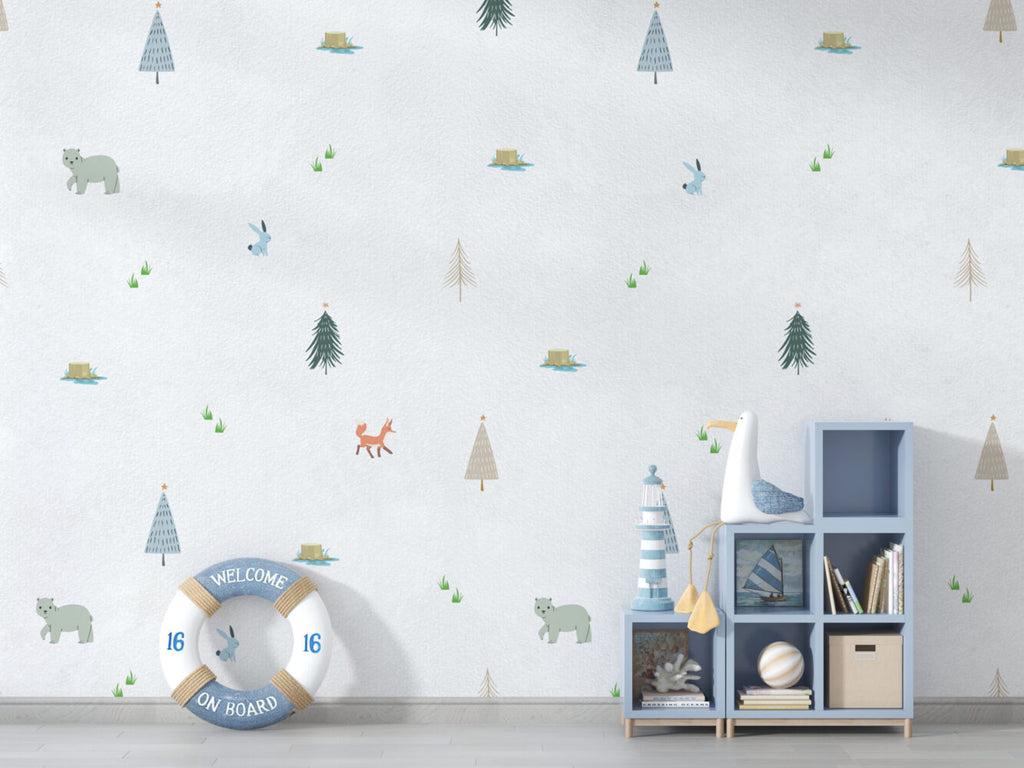 Little Forest Animals Wallpaper : Minimal Trees Nursery Pattern
