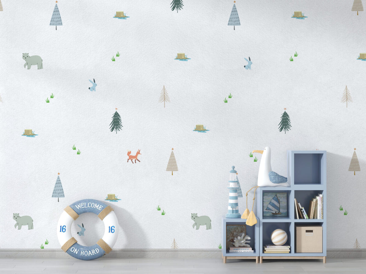 Little Forest Animals Wallpaper : Minimal Trees Nursery Pattern