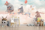 Animals On Bicycles Wallpaper : Pink Sky Kids Mural