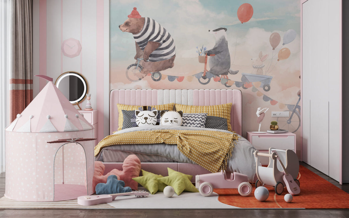 Animals On Bicycles Wallpaper : Pink Sky Kids Mural - View 5